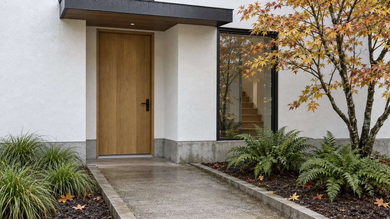 Contemporary white-stucco home entrance with an oak door, tall window, damp concrete path and copper-leaved vine maple.