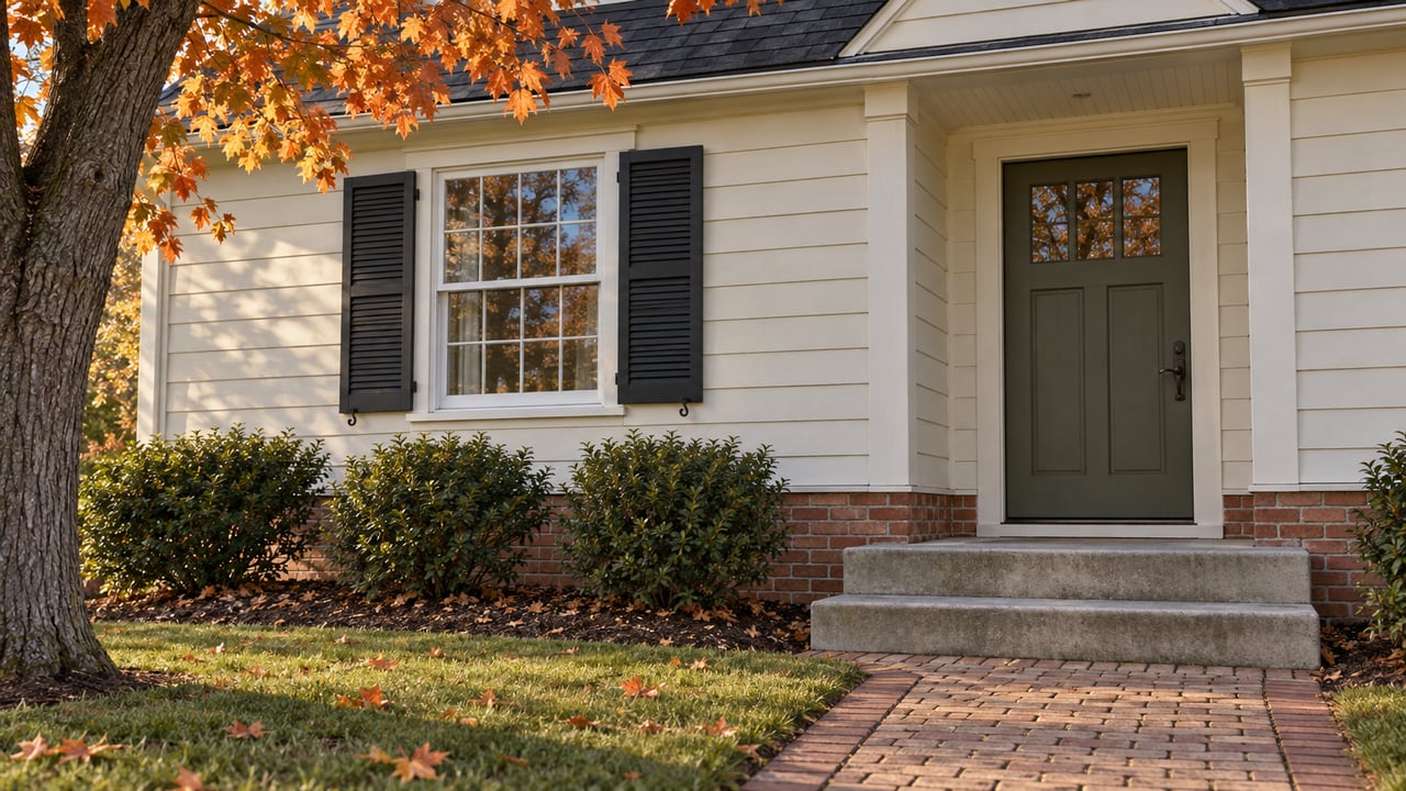Autumn light on an ivory clapboard home with a red brick base, olive front door, shuttered window, and worn concrete entry steps.
