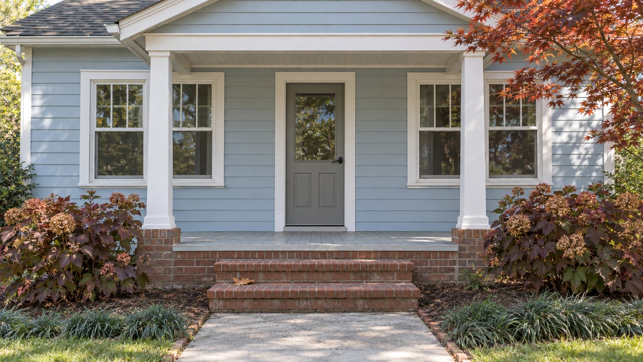 Light-blue cottage with a small covered porch, brick steps, white-trimmed windows and red-orange autumn foliage.