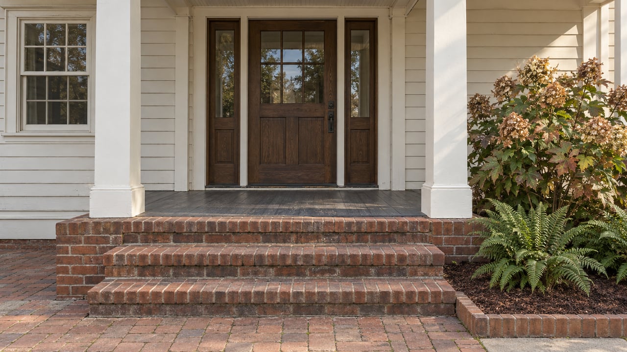 Raised covered home entry with an oak door, ivory clapboards, worn brick steps and oakleaf hydrangeas.