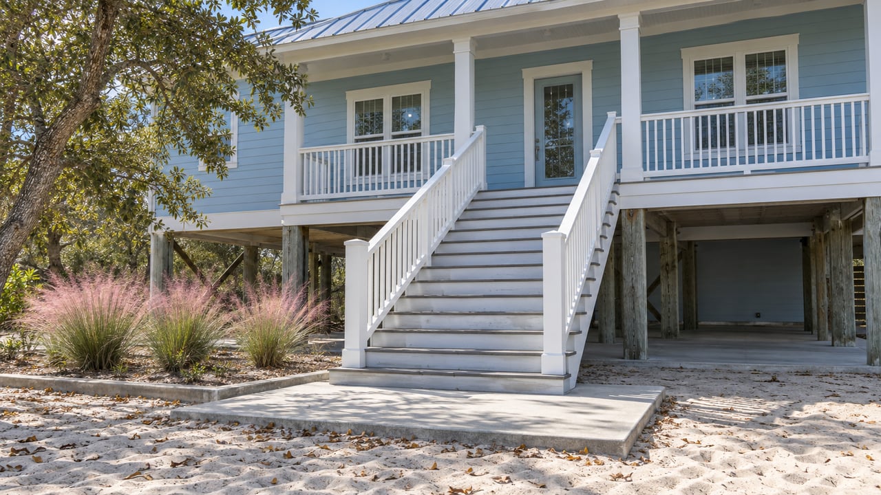 Powder-blue raised cottage with white porch railings, broad stairs, and pink muhly beside a concrete approach in a sandy yard.