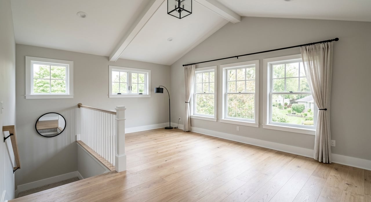 Empty carpeted bonus room with two dormer windows, a black ceiling fan, and a potted ficus.