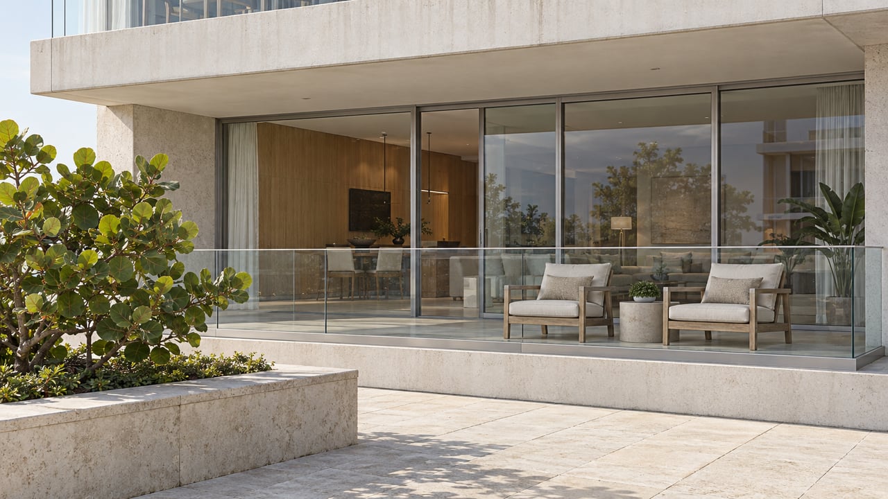 Covered apartment terrace with pale concrete balcony slabs, full-height sliding glass, teak lounge chairs and a sea grape tree in a raised limestone planter.