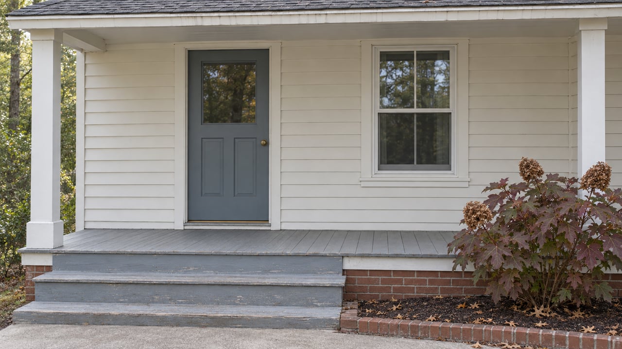 Covered entry of a light-sided home with a blue-gray door, weathered wooden steps and an oakleaf hydrangea with autumn foliage.