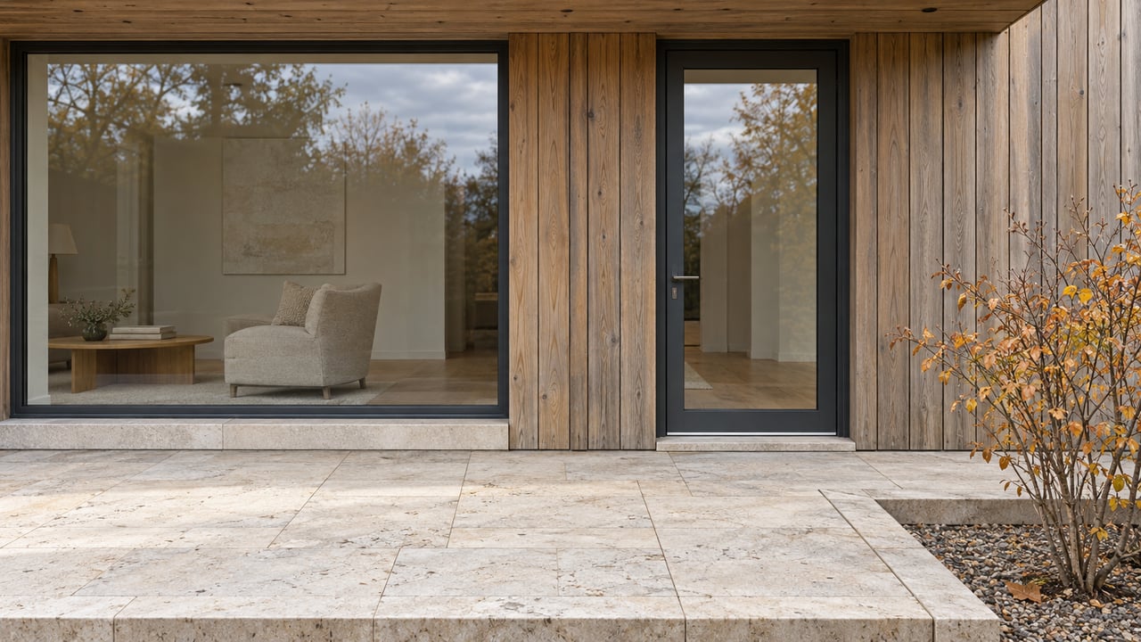 Contemporary cedar-clad home with enclosed glass doors, a limestone terrace and a sparse autumn serviceberry shrub.