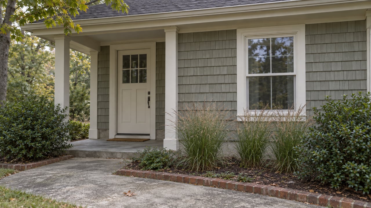 Gray-green cedar-shingle entry with an off-white door, a window, brick-edged planting beds, and an oak canopy.