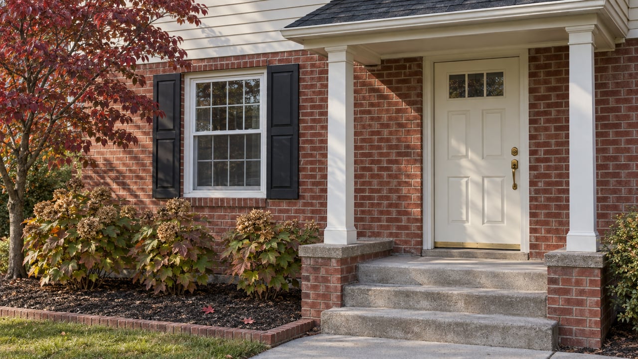 Brick-and-ivory house entry with a concrete stoop, black-shuttered window and burgundy autumn dogwood leaves.