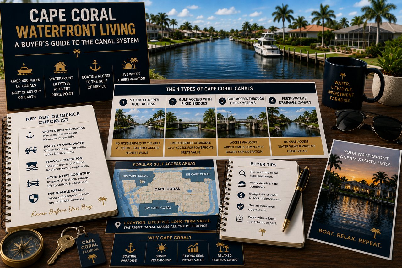 Explore Cape Coral's waterfront canal system and learn the differences between gulf-access, sailboat-access, freshwater, and lock-access canals. Discover what buyers should know about boating, seawalls, flood insurance, and waterfront homes before purchasing in Southwest Florida.