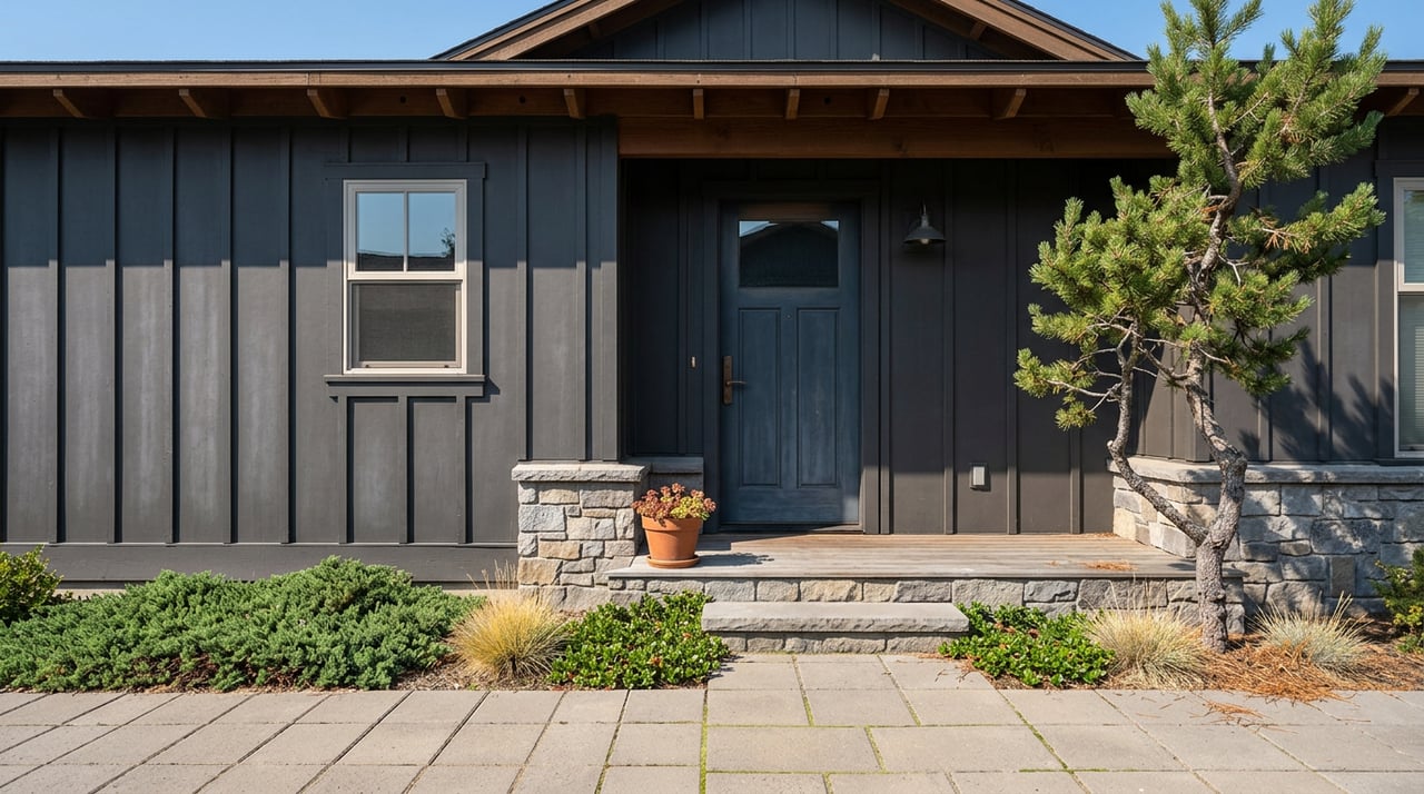 Compact townhome entry with a weathered blue-gray door, stone steps, and a gnarled pine.