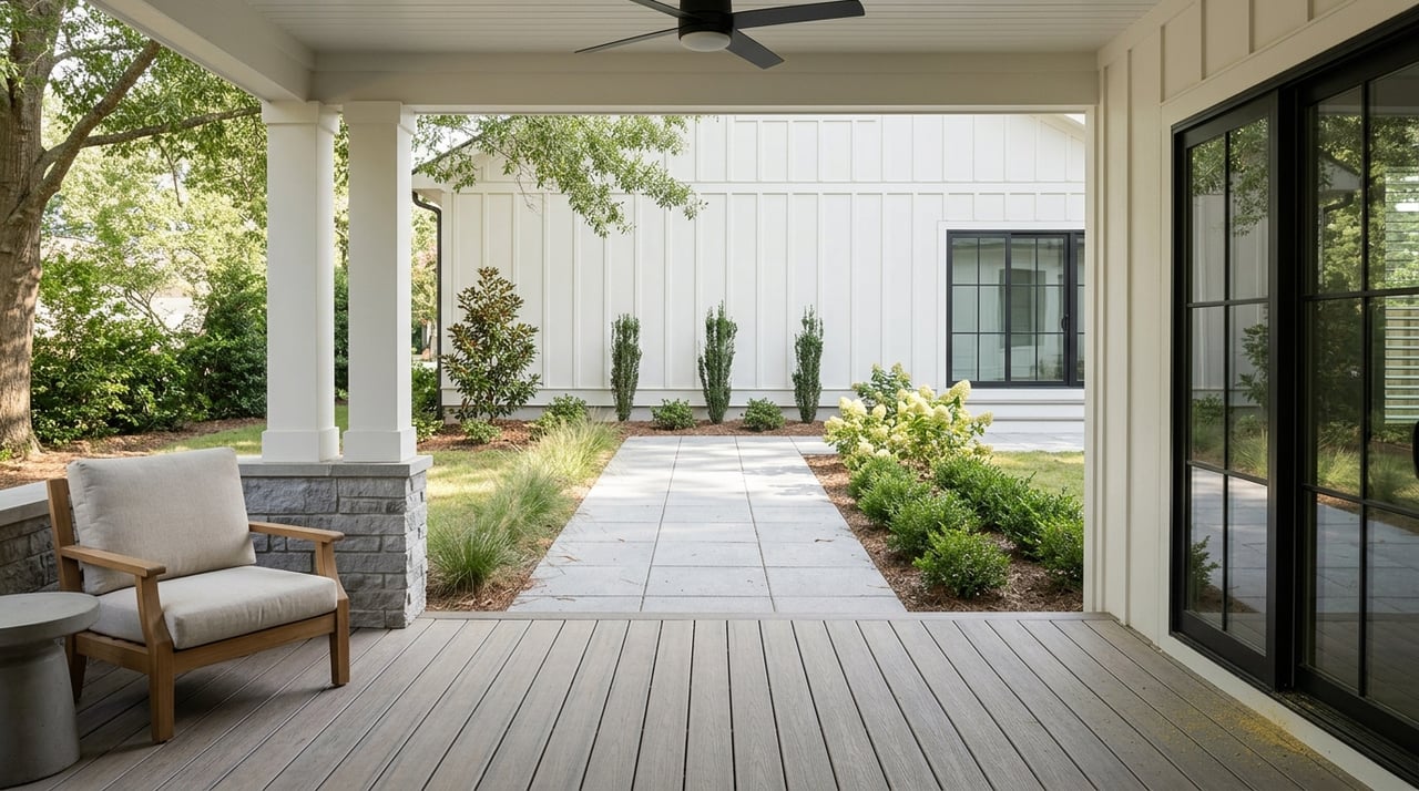 Back porch opening onto a paver path bordered by curated backyard plantings.