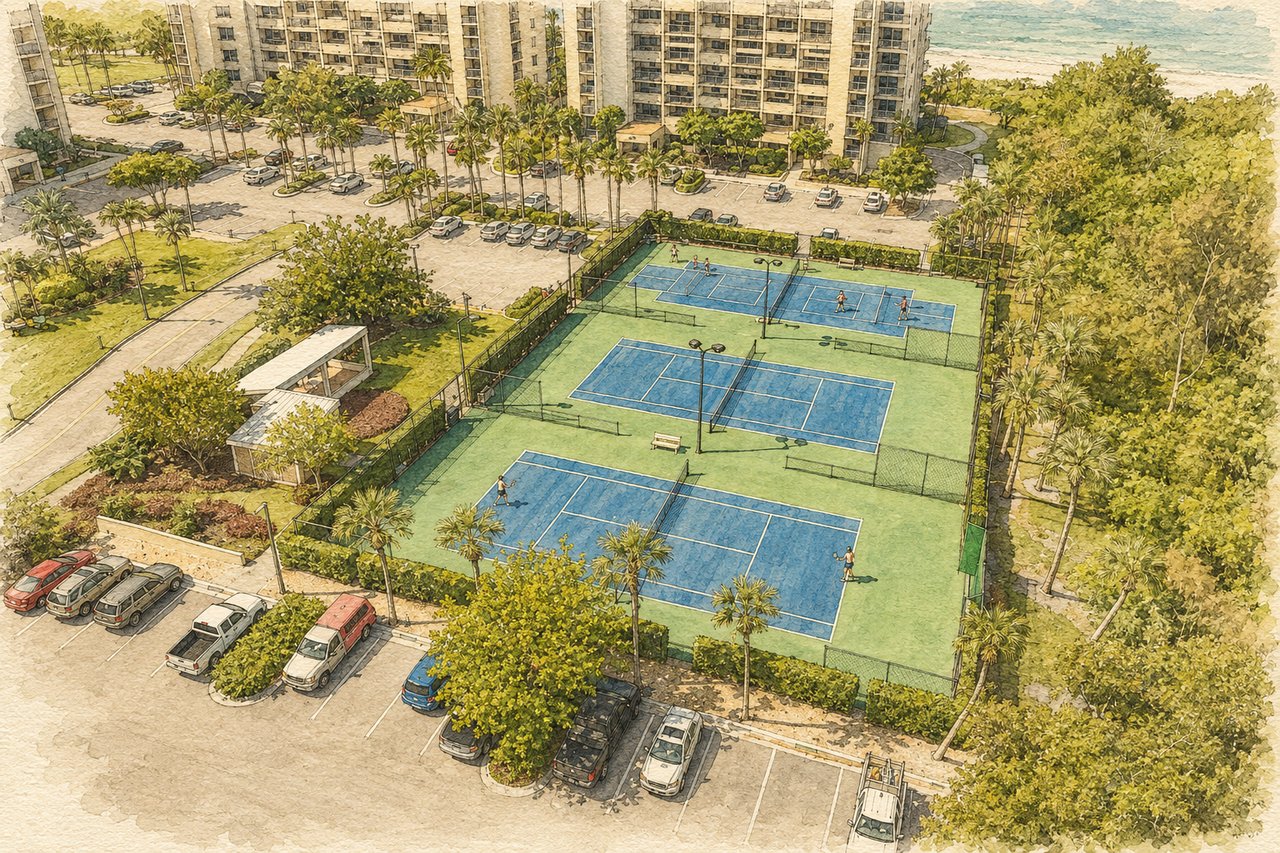 Beachplace tennis courts beside condominium buildings, palm trees, and landscaped grounds.