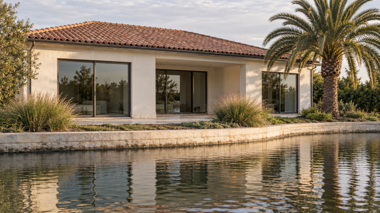 Single-story stucco house with a terracotta roof beside a rippling pond and a tall palm tree.