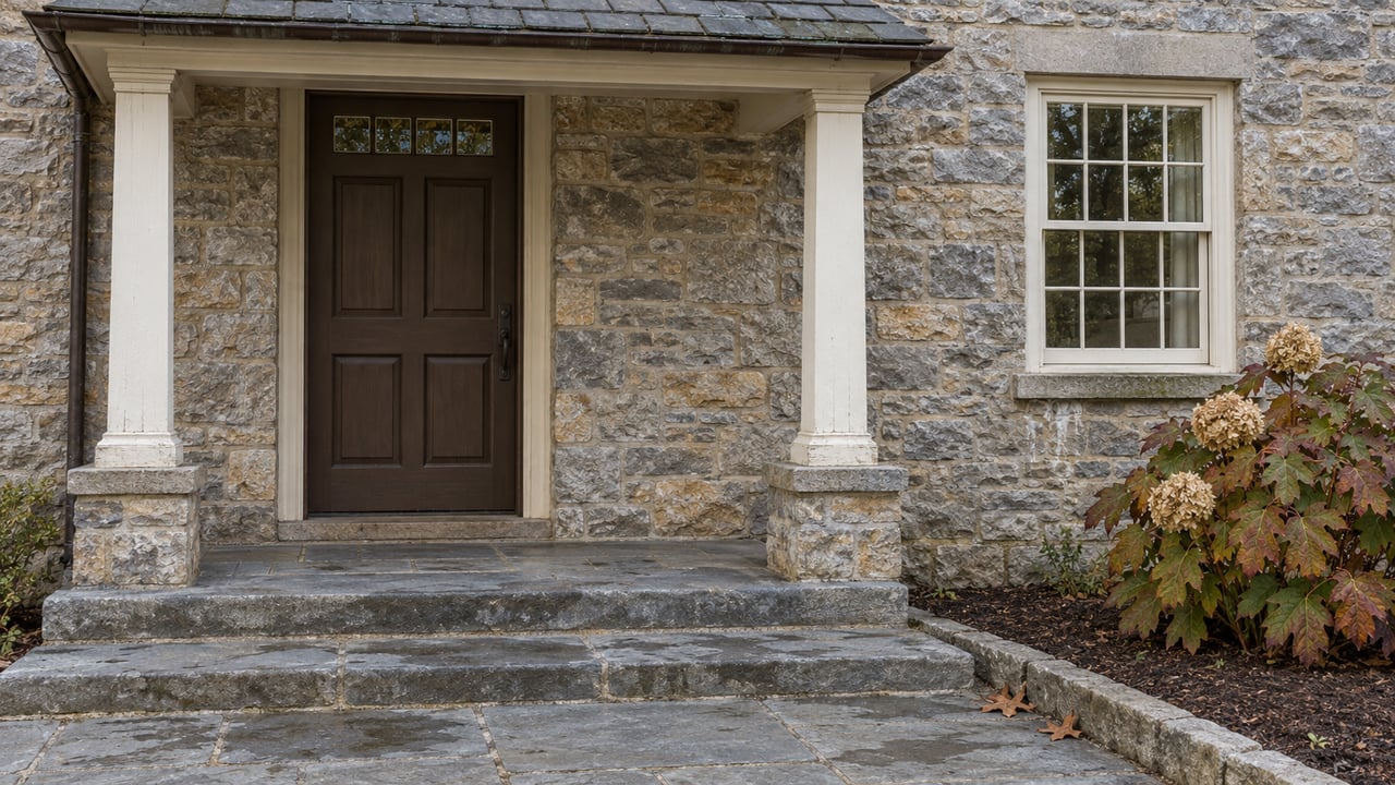 Weathered limestone home entry with ivory porch posts, a dark timber door, divided-light window and worn bluestone steps beside an oakleaf hydrangea.