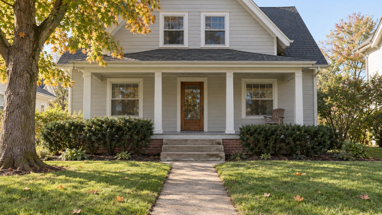 A gray gabled home with a covered front porch, concrete approach and amber-leaved maple in morning sunlight.
