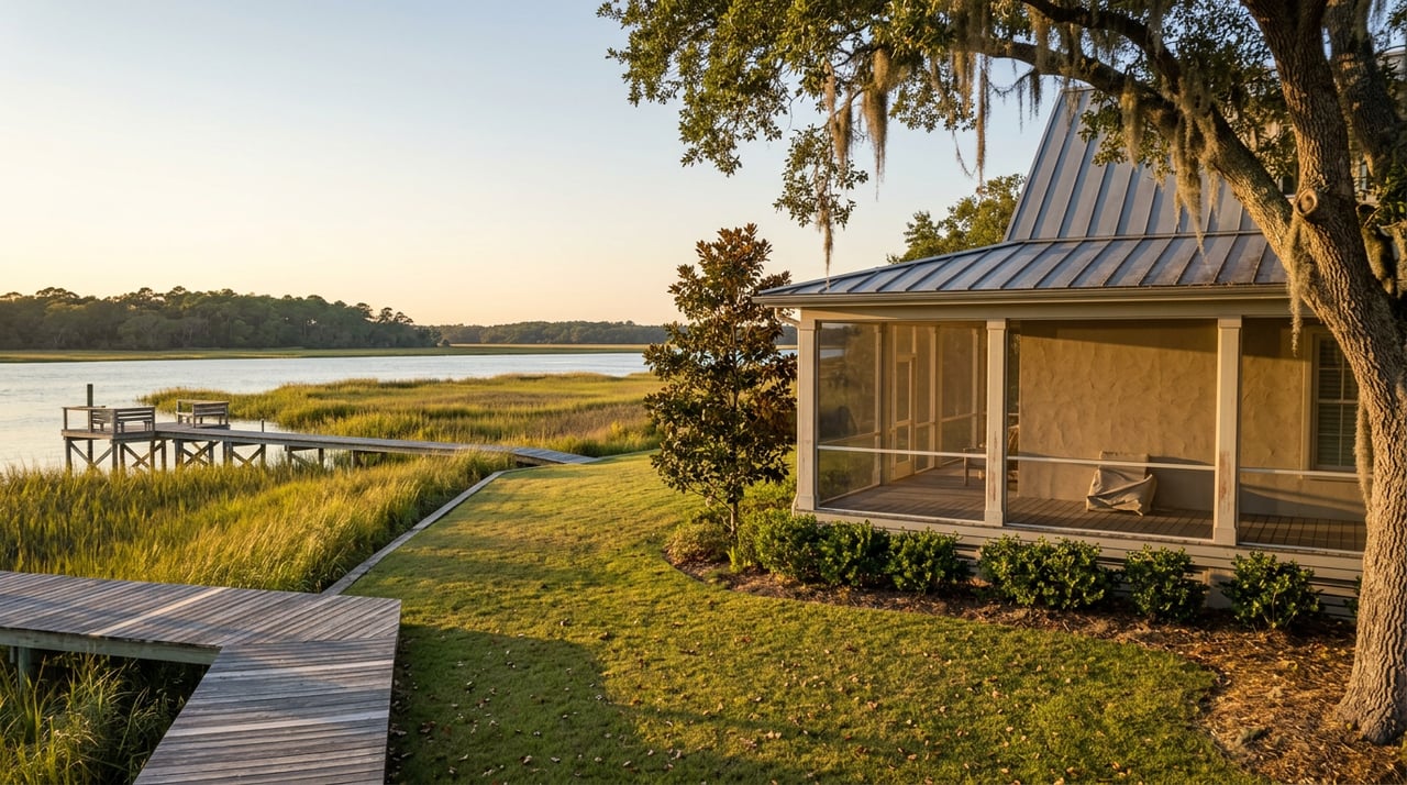 Tabby-stucco waterfront home with screened porch, lawn, private dock, tidal marsh, and moss-draped live oak.