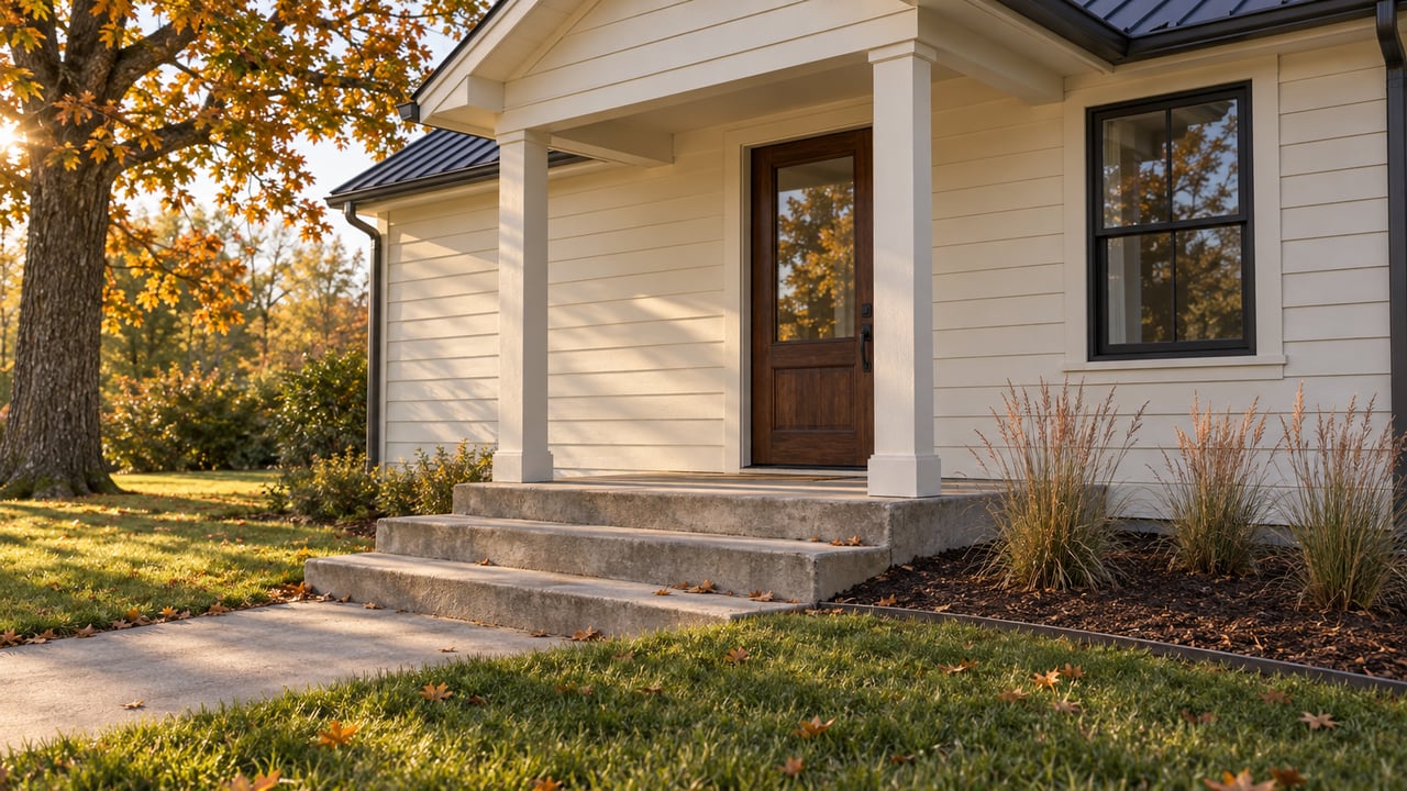 Cream-sided home with dark wood entry, concrete steps, and russet oak leaves beside the lawn.