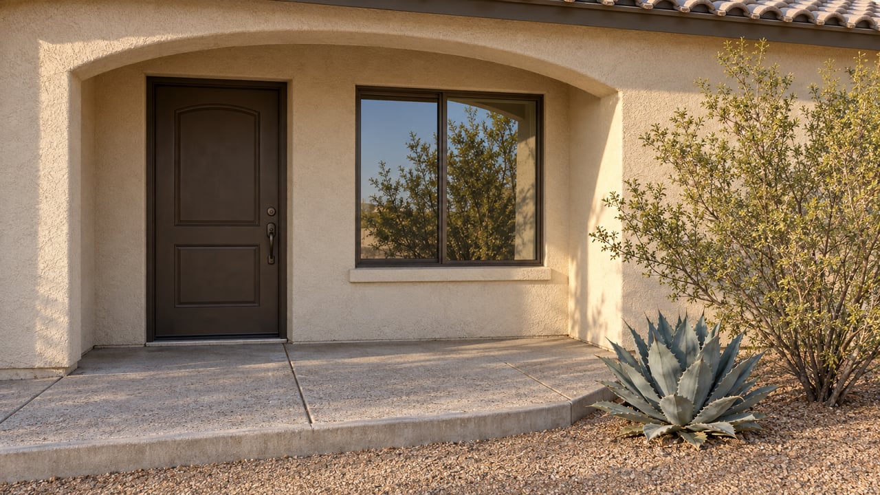 Cream stucco house entry with a recessed arch, bronze door and window, and desert plants beside the concrete landing.