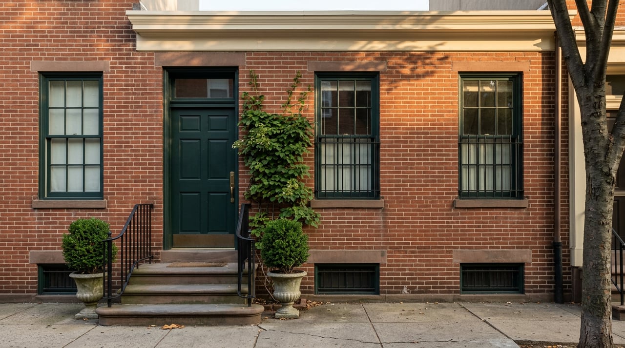 Red-brown brick rowhouse with a green door, iron-guarded windows, bluestone stoop, and urns flanking the steps.