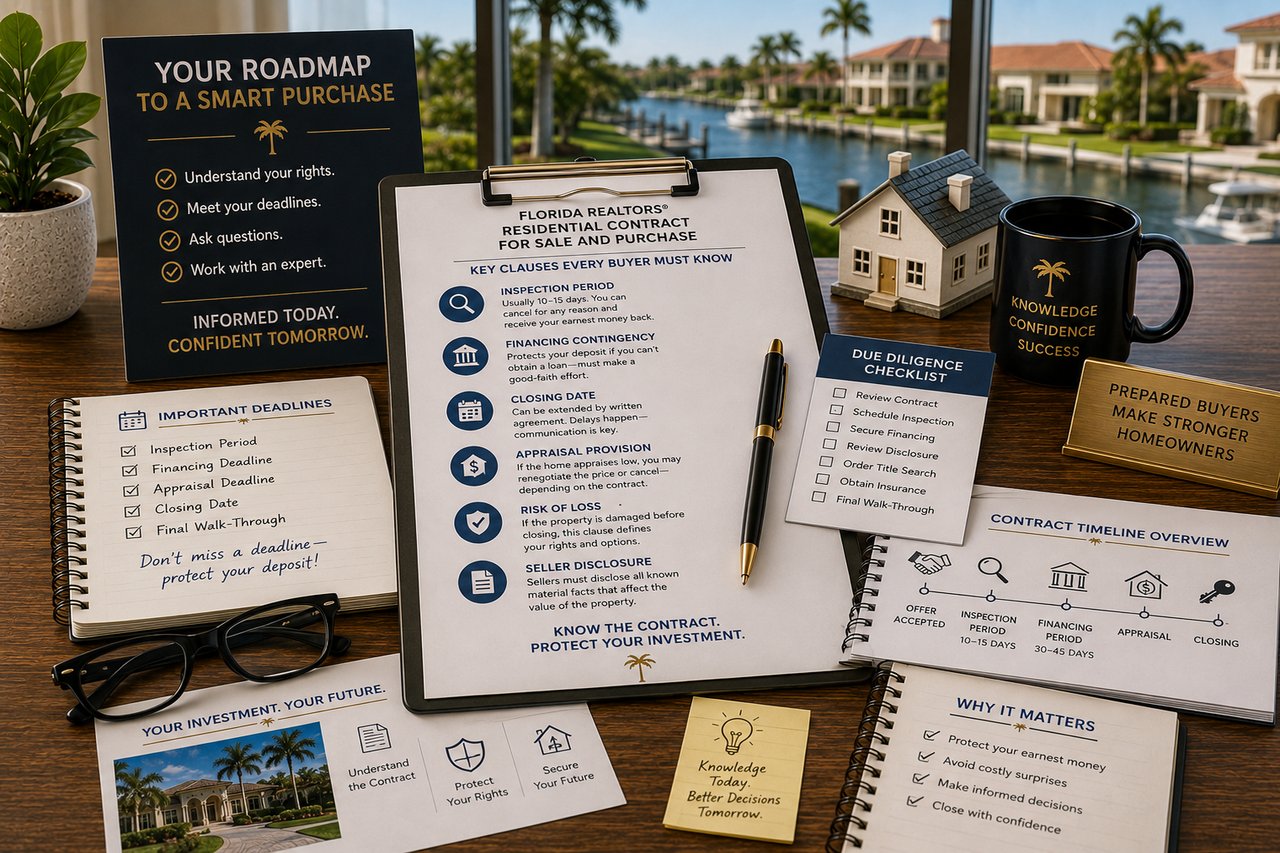 A clean, professional Florida real estate contract signing scene overlooking a luxury Southwest Florida waterfront community, featuring purchase agreement documents, inspection and financing checklists, closing timeline, and homebuying materials illustrating the key clauses every Florida homebuyer should understand before purchasing a home.
