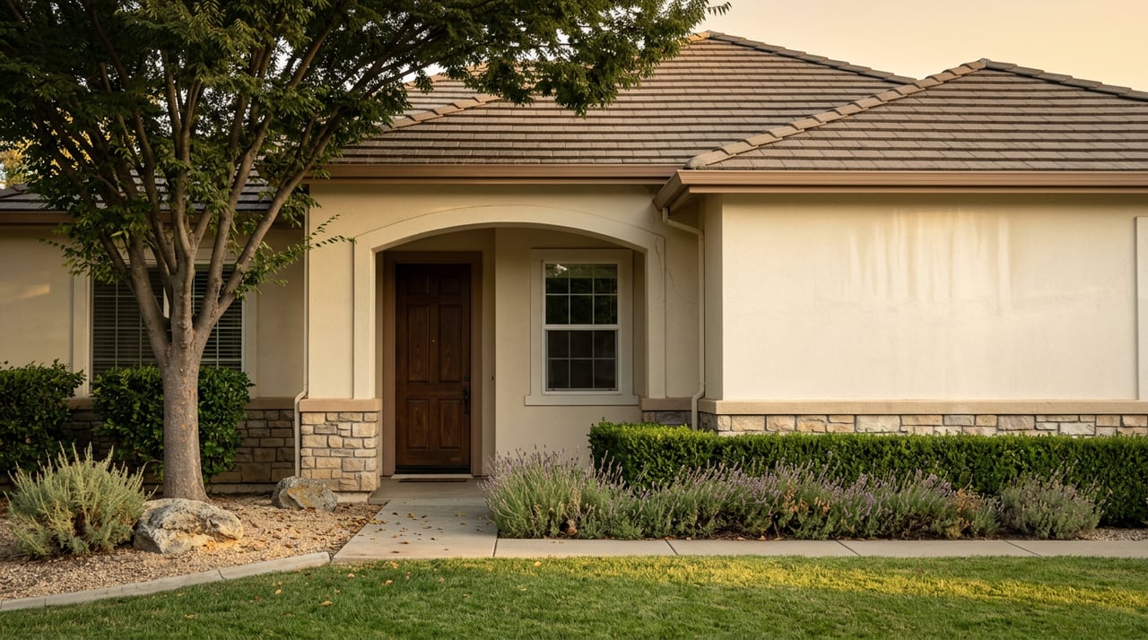 Two-story cream stucco home with an arched entry, terracotta tile roof, and mature shade tree.