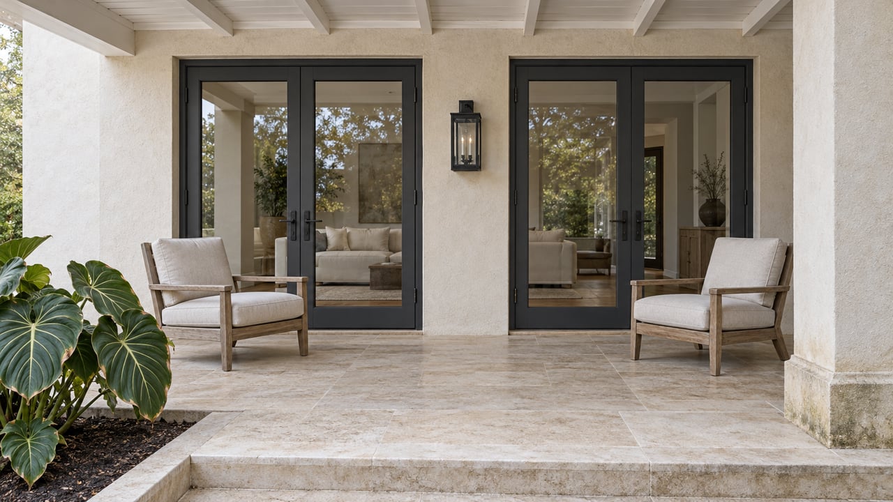 Cream stucco veranda with charcoal French doors, teak chairs, pale limestone flooring and a broad-leaved specimen in a stone-edged bed.
