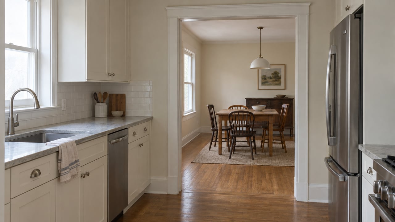 Compact kitchen with a closed window above the sink, opening through a broad doorway to a four-seat dining table.