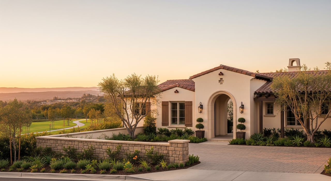 Spanish-style stucco house with arched entry, red tile roof, landscaped garden, and rolling hills at sunset.