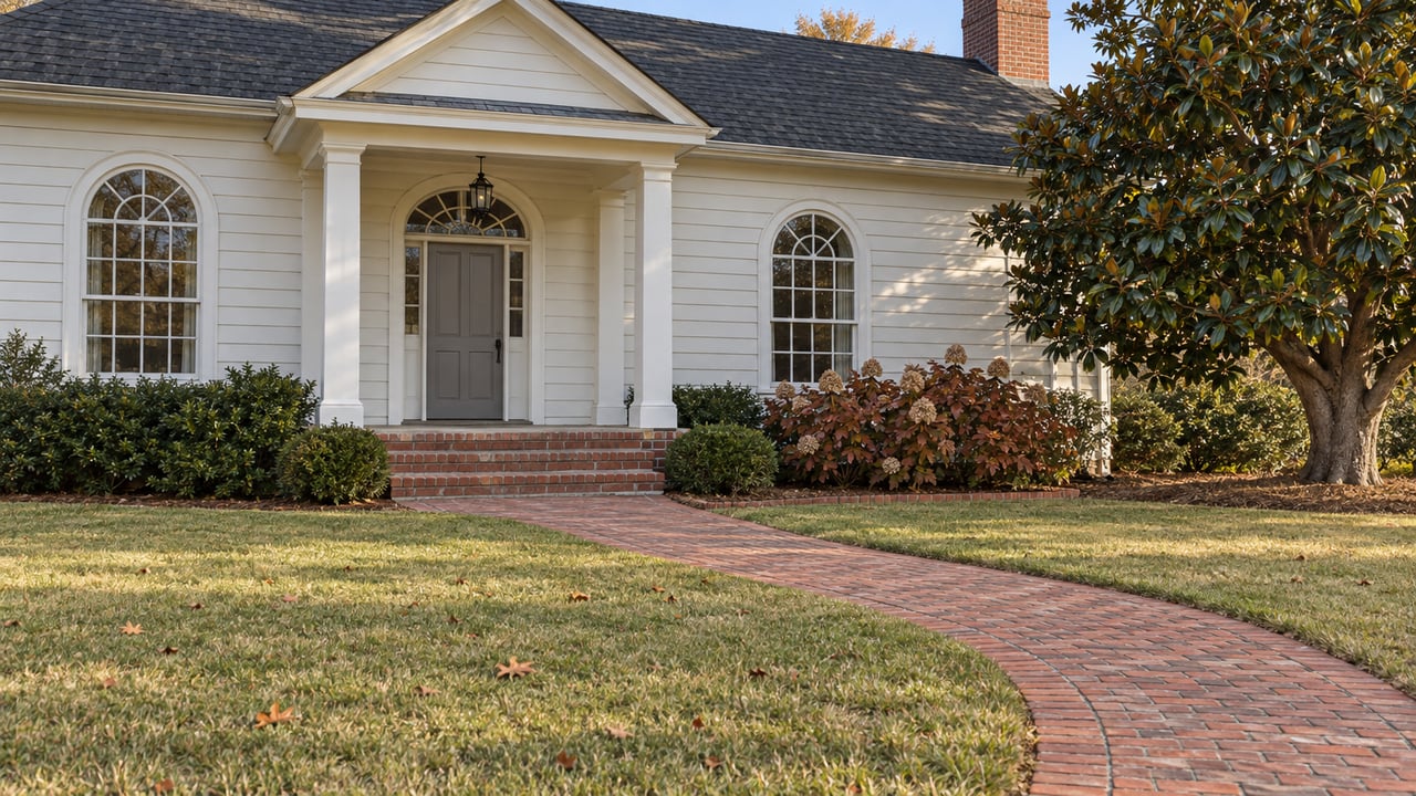 Traditional light-sided home with an arched entry, brick steps and walk, and an established lawn in autumn afternoon light.