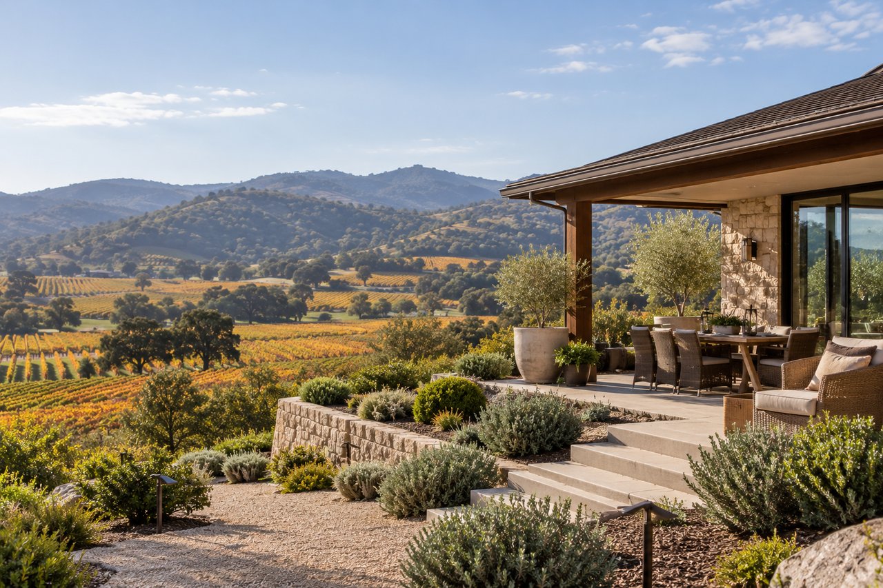 Stone home terrace overlooking golden vineyard rows and rolling hills.