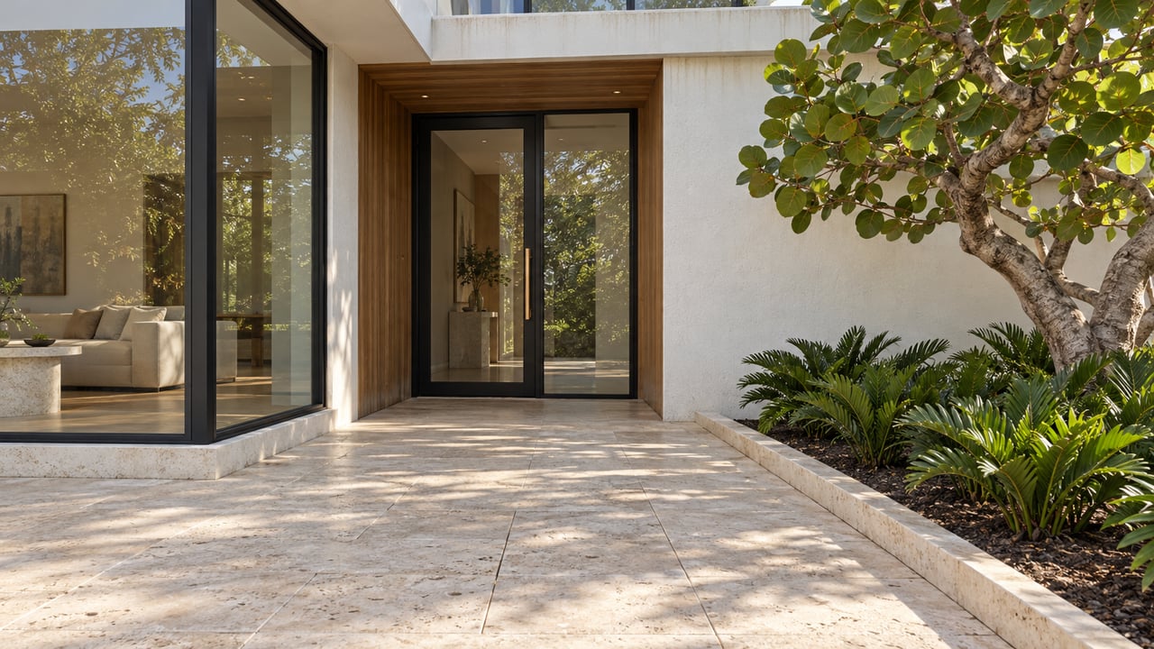 White stucco home's recessed teak and glass entrance beside a limestone approach and sculptural sea grape tree.
