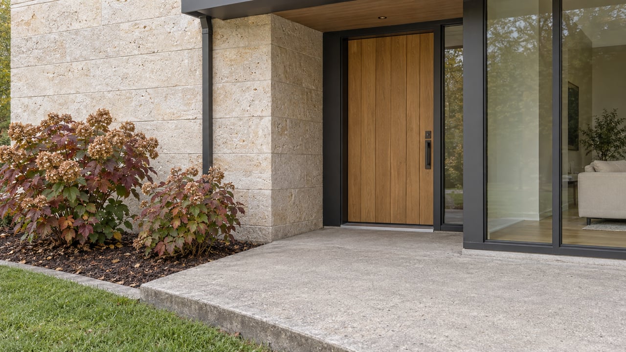 Close view of a limestone and oak front entry beside tall dark-framed glazing, with a concrete landing and autumn oakleaf hydrangeas.
