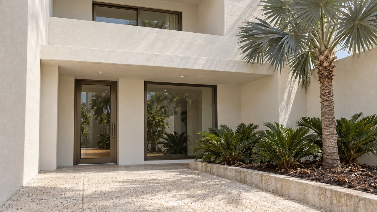 Sunlit white stucco residence with a recessed glass entrance, bronze window frames, shell-aggregate paving, and a silver palm beside a raised planting bed.