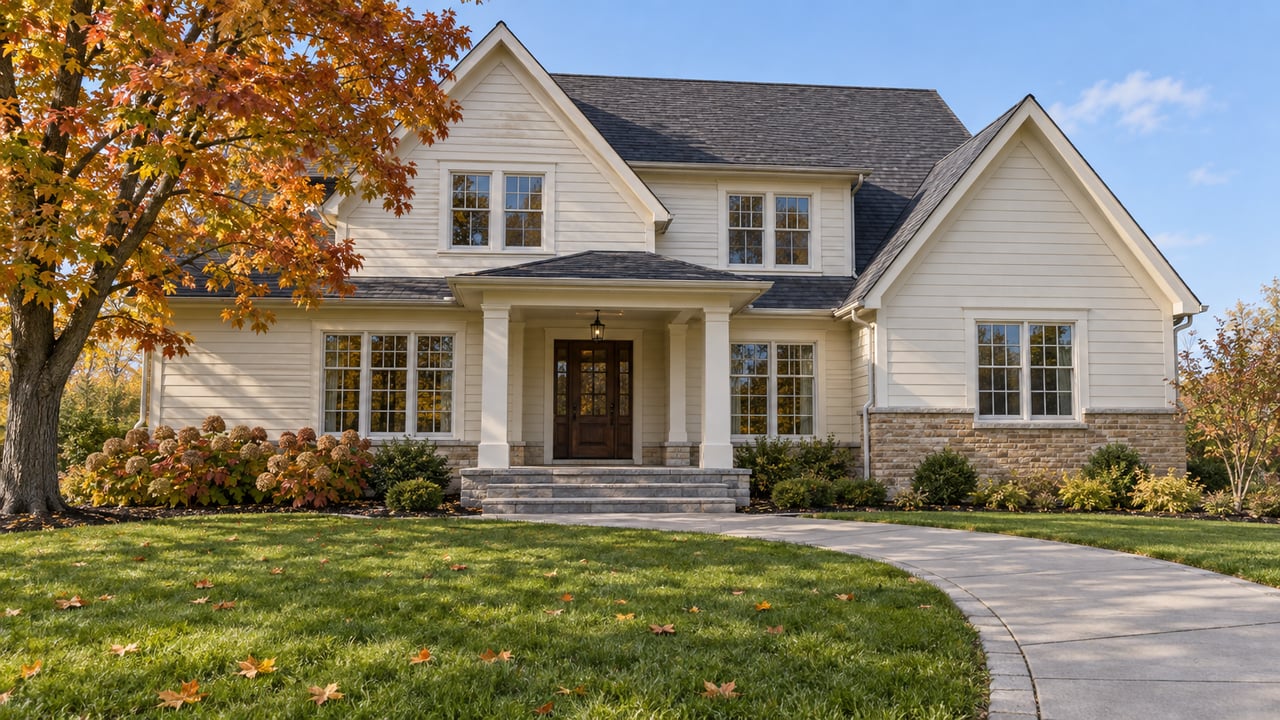 Gabled ivory-sided home with a limestone porch, deep green front lawn and an amber-leaved maple in clear autumn light.