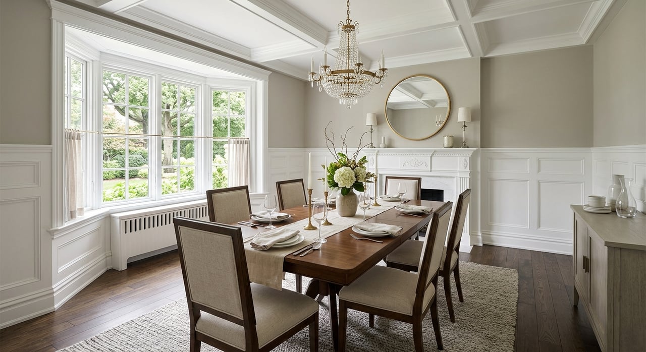 Oval oak dining table with four ivory chairs between white wainscoting and a bay window.