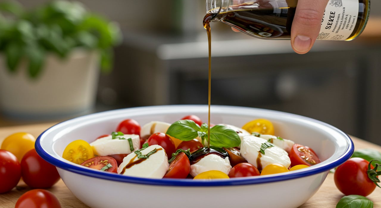 Heirloom Tomatoes with Caramelized Onions-Garlic, Mimolette, Pistou & Balsamic Drizzle