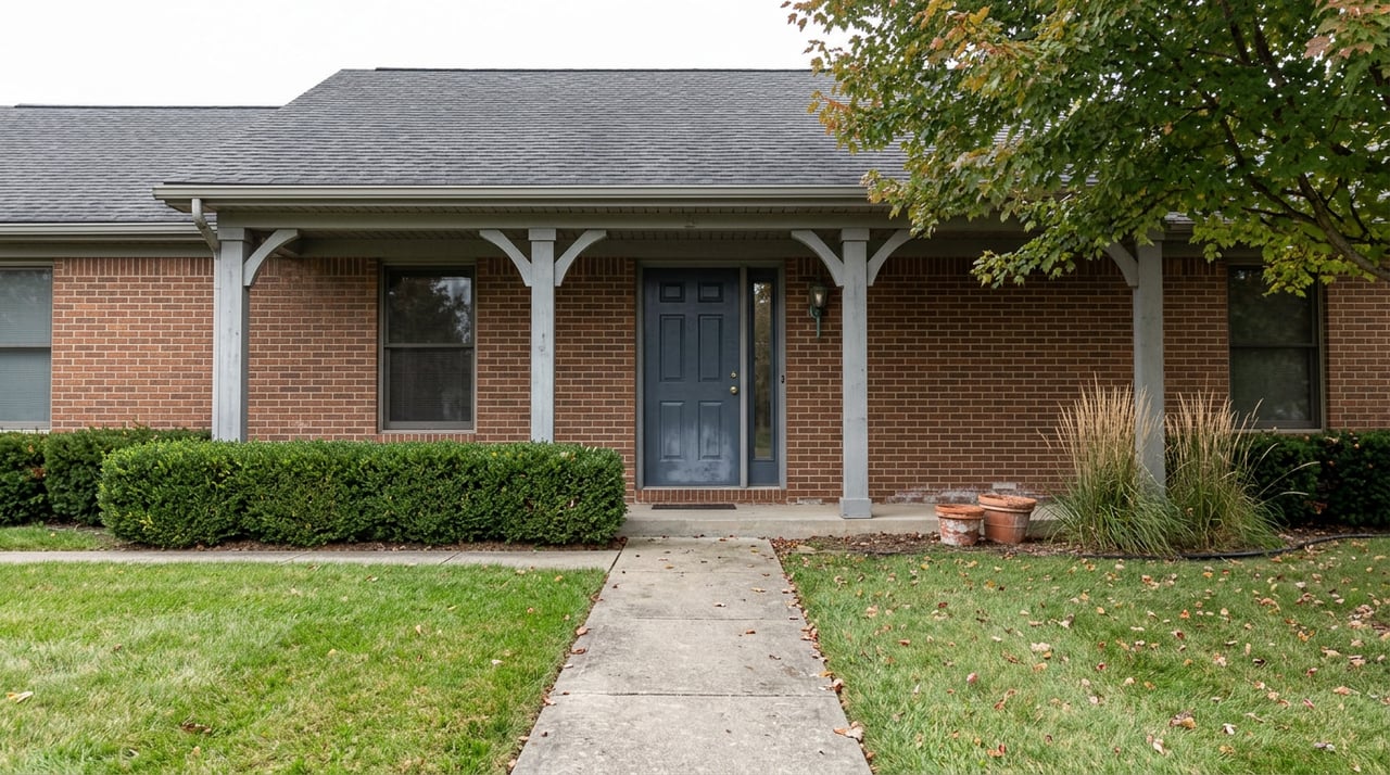Brick suburban home with a slate-blue door, covered porch, concrete walkway, boxwood hedge, and mature maple.