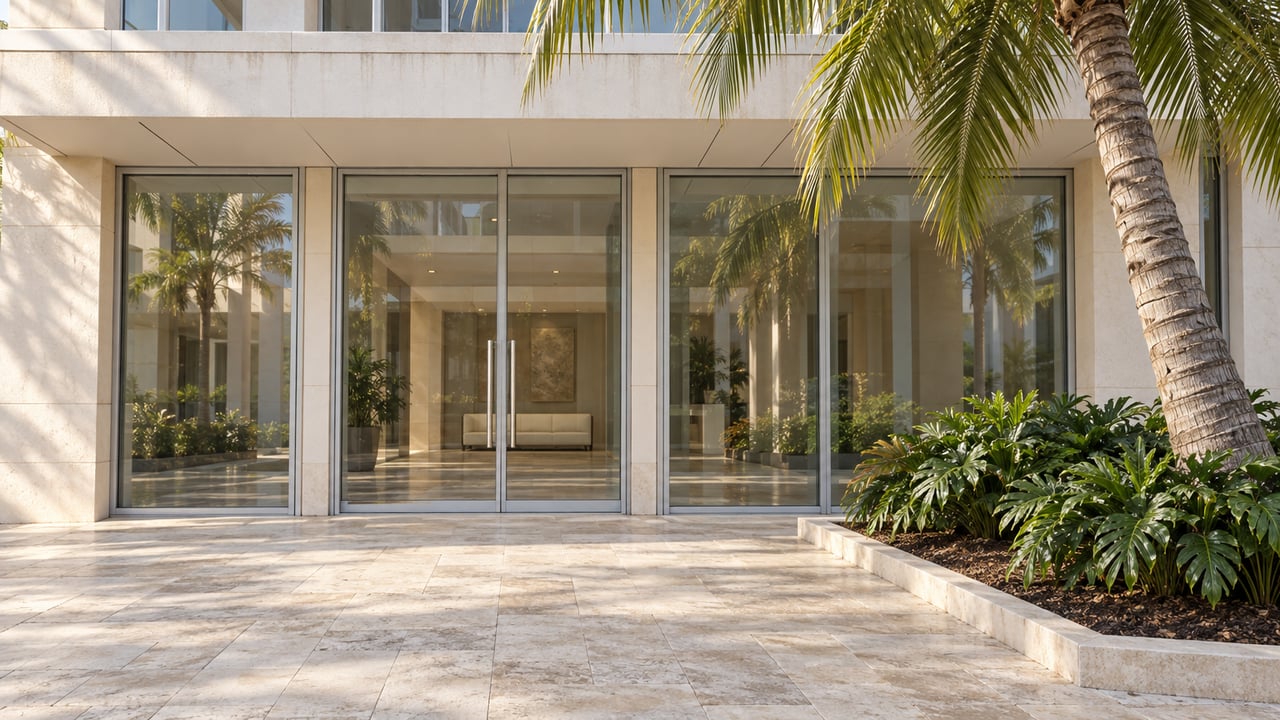 Sunlit limestone entrance terrace with pale stucco, glazed double doors and a curved coconut palm beside a raised stone planting border.