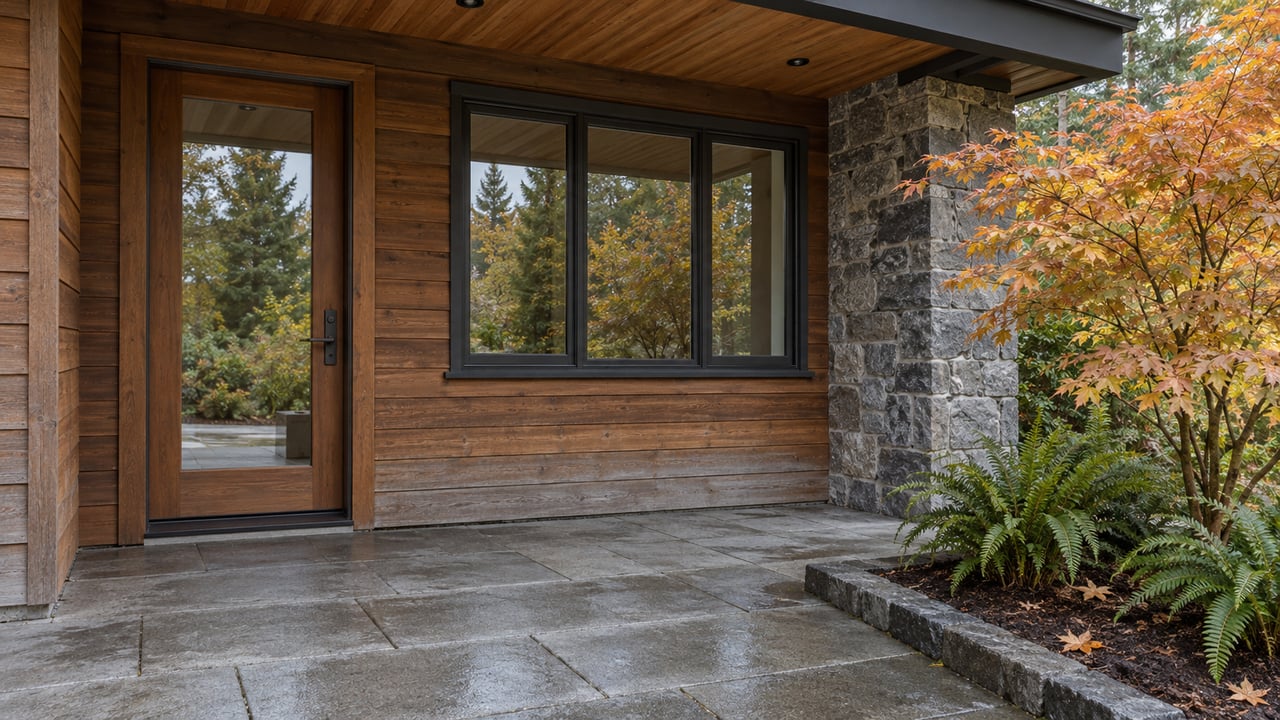 Sheltered cedar entry with a glazed wood door, basalt stonework and autumn vine maple beside gray terrace paving.
