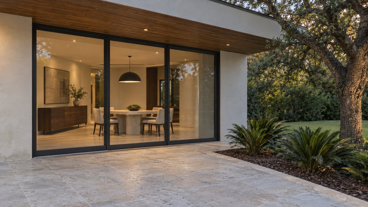 Covered limestone terrace beside dark-framed dining-room glass, with walnut furnishings inside and a mature oak beside a planted border.