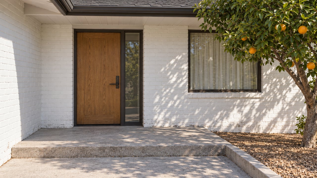 White-painted brick ranch entry with an oak door, bronze-framed window and citrus tree beside a concrete landing.