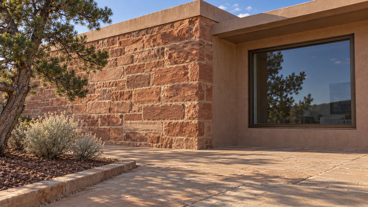 Warm light grazes red sandstone and a bronze-framed window above a stone terrace edged by a pinyon pine and Apache plume.