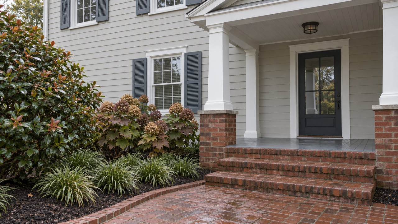 Pale clapboard home with a covered porch, damp brick steps and an edged garden of camellia, oakleaf hydrangeas and sedges.
