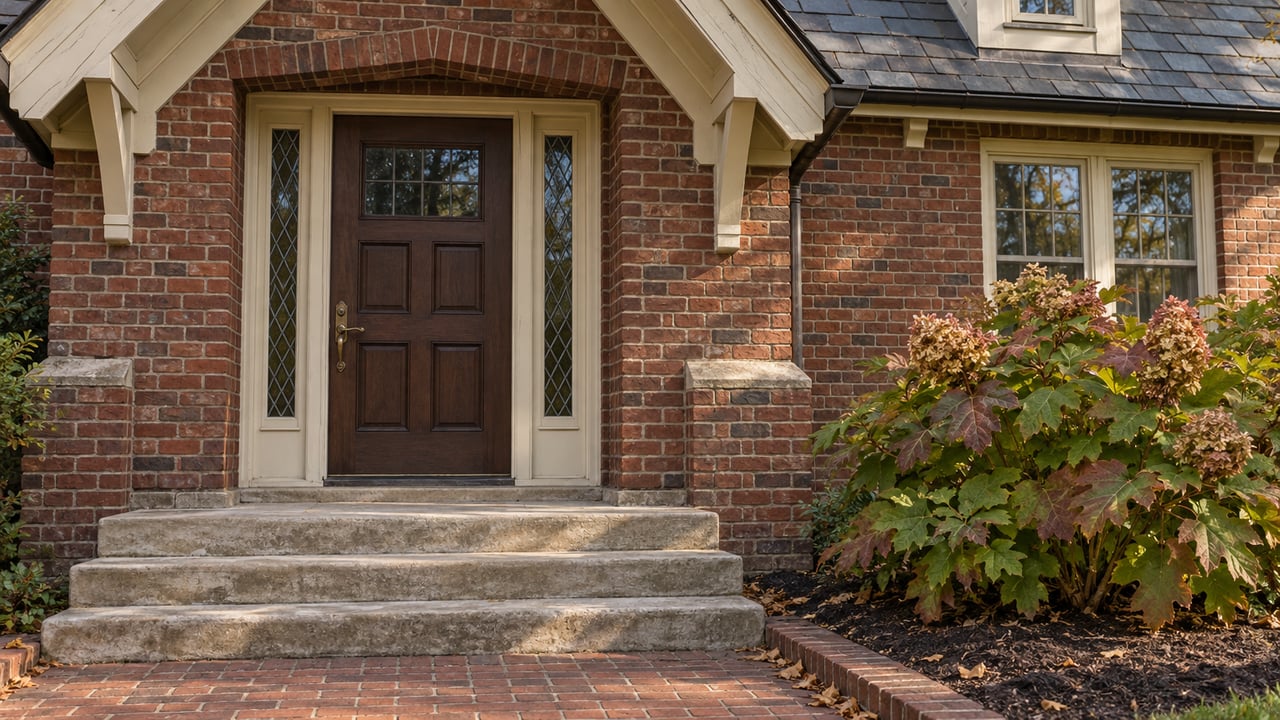 Brick home entrance with a dark wood door, stone steps, and autumn foliage.