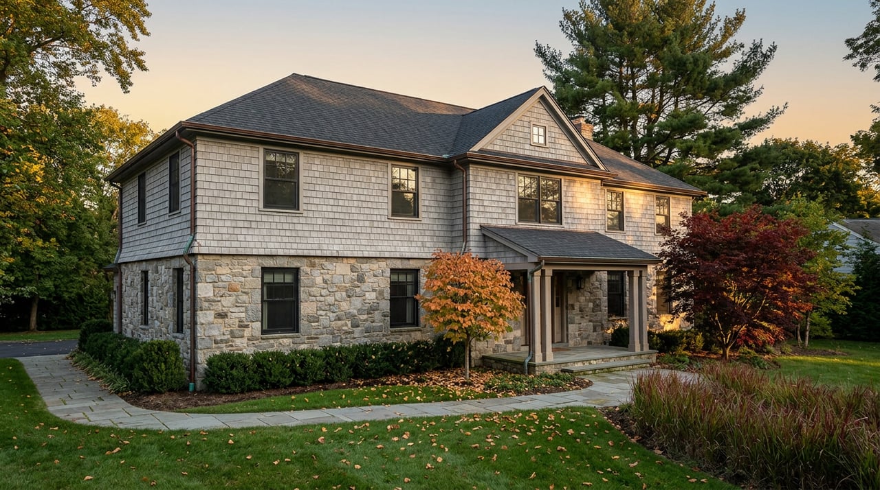 Two-story fieldstone and cedar-shake home beyond an autumn lawn, with a curving stone walkway and golden-leaved katsura tree.