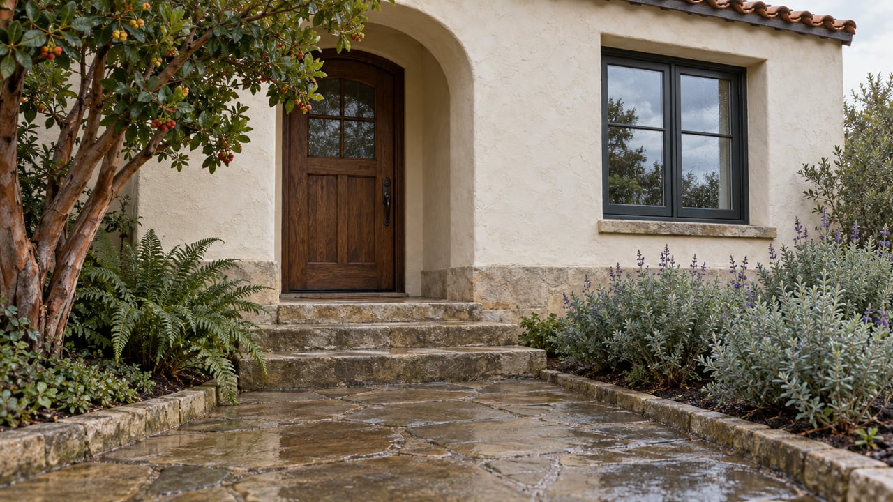 Rain-damp sandstone approach and limestone steps leading to an arched oak doorway in a cream stucco home, framed by established planting.