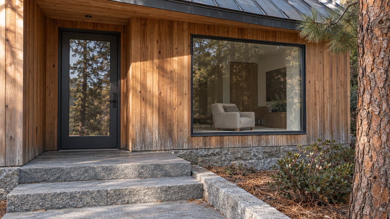 Timber-clad entrance with dark-framed glazing, weathered granite steps and a mature pine beside a lower planting bed.