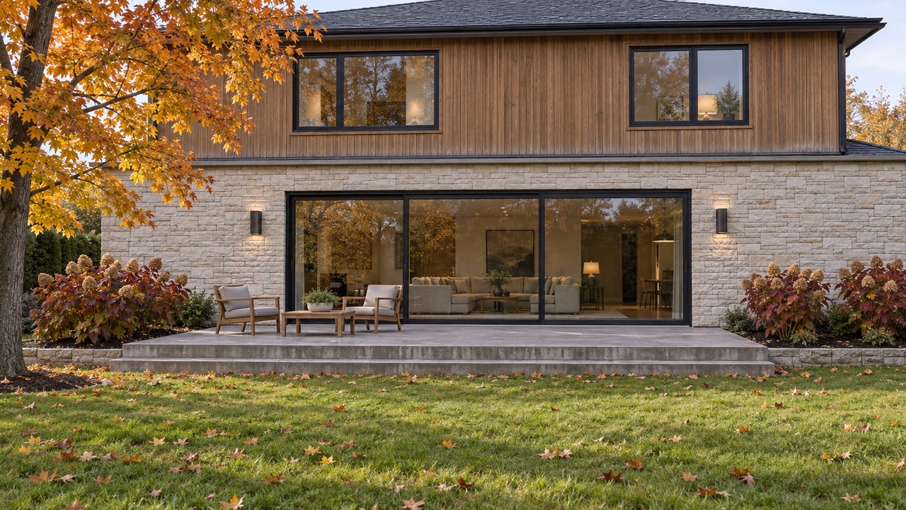 Autumn lawn facing a contemporary two-story home with limestone walls, wood cladding, black-framed glazing and a teak-furnished terrace.