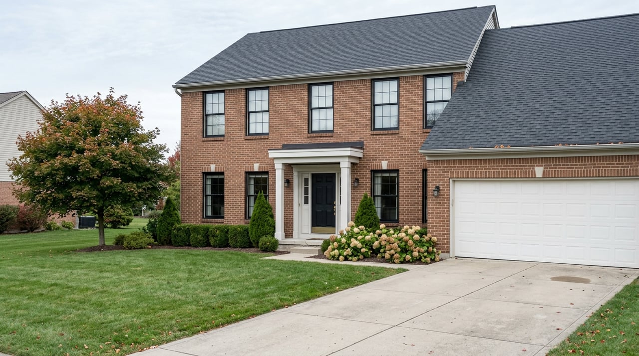 Two-story brick home with symmetrical windows, centered black entry, garage, driveway, lawn, and maple tree.