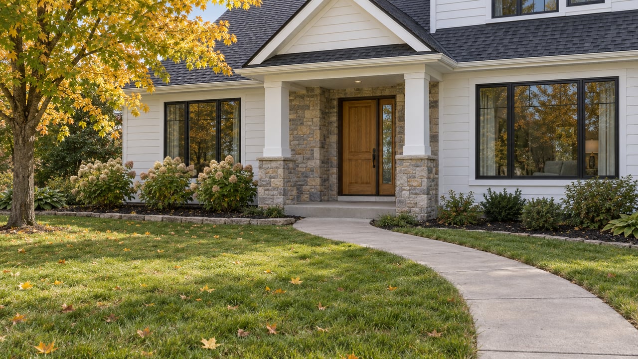 White-sided home with a limestone entry, black-framed windows and a curved concrete walk across an autumn lawn beneath a golden sugar maple.
