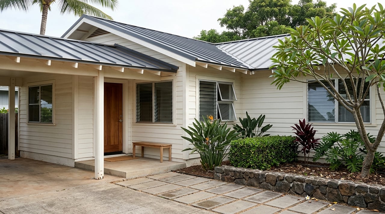 Coastal home entry with painted wood siding, metal roof, jalousie windows, and a basalt wall amid tropical plants.
